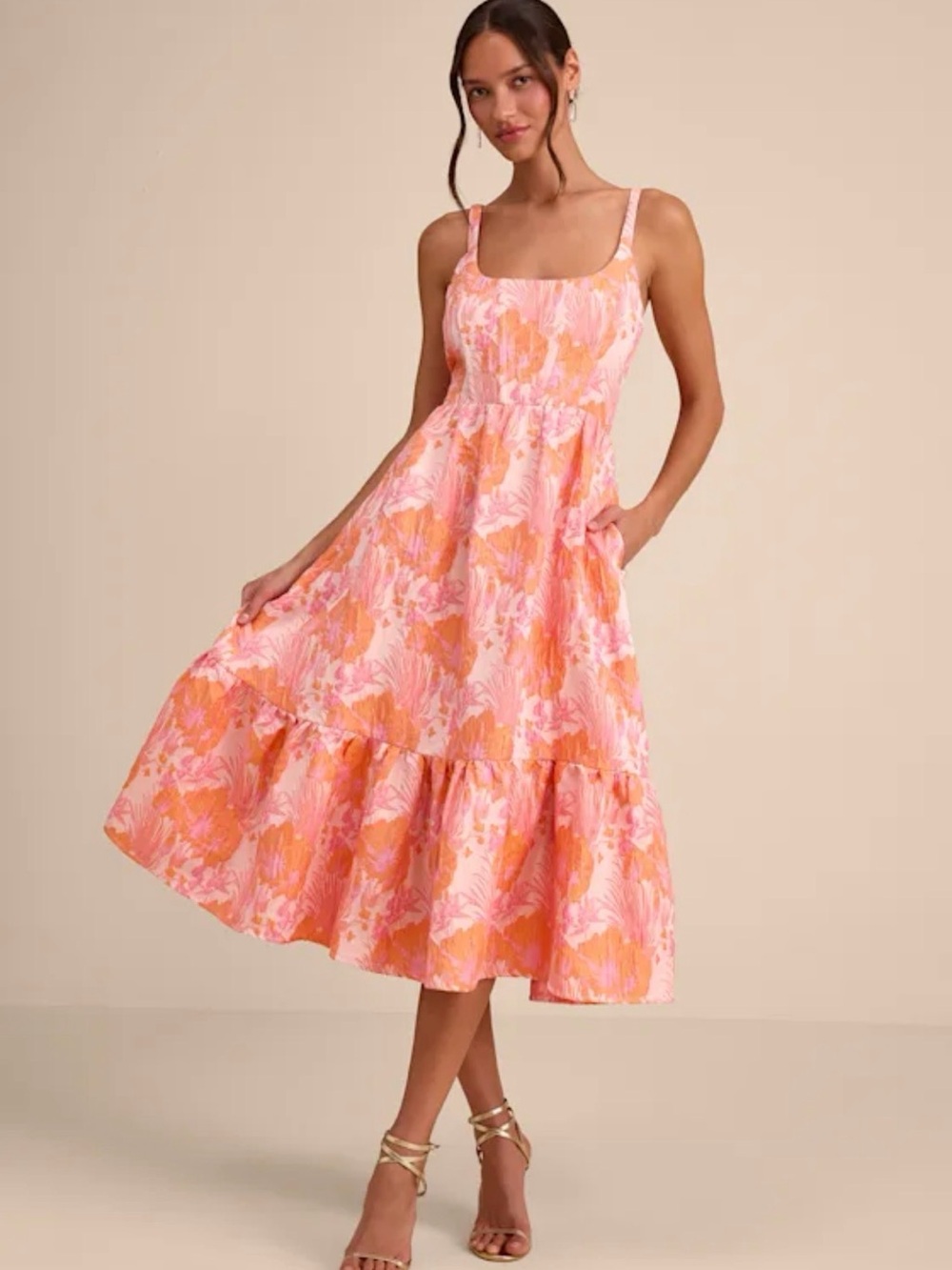 Avalie Pink Floral Jacquard Tiered Bustier Midi Dress size medium